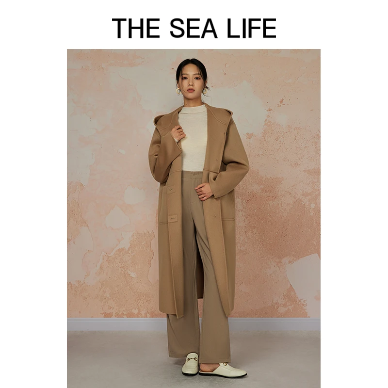 THESEALIFE欧海一生 连帽呢子大衣女冬休闲长款羊毛外套13230