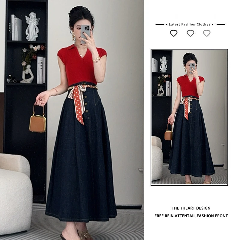 夏季穿搭一整套女2025新款短袖T恤法式高腰显瘦牛仔半身裙两件套