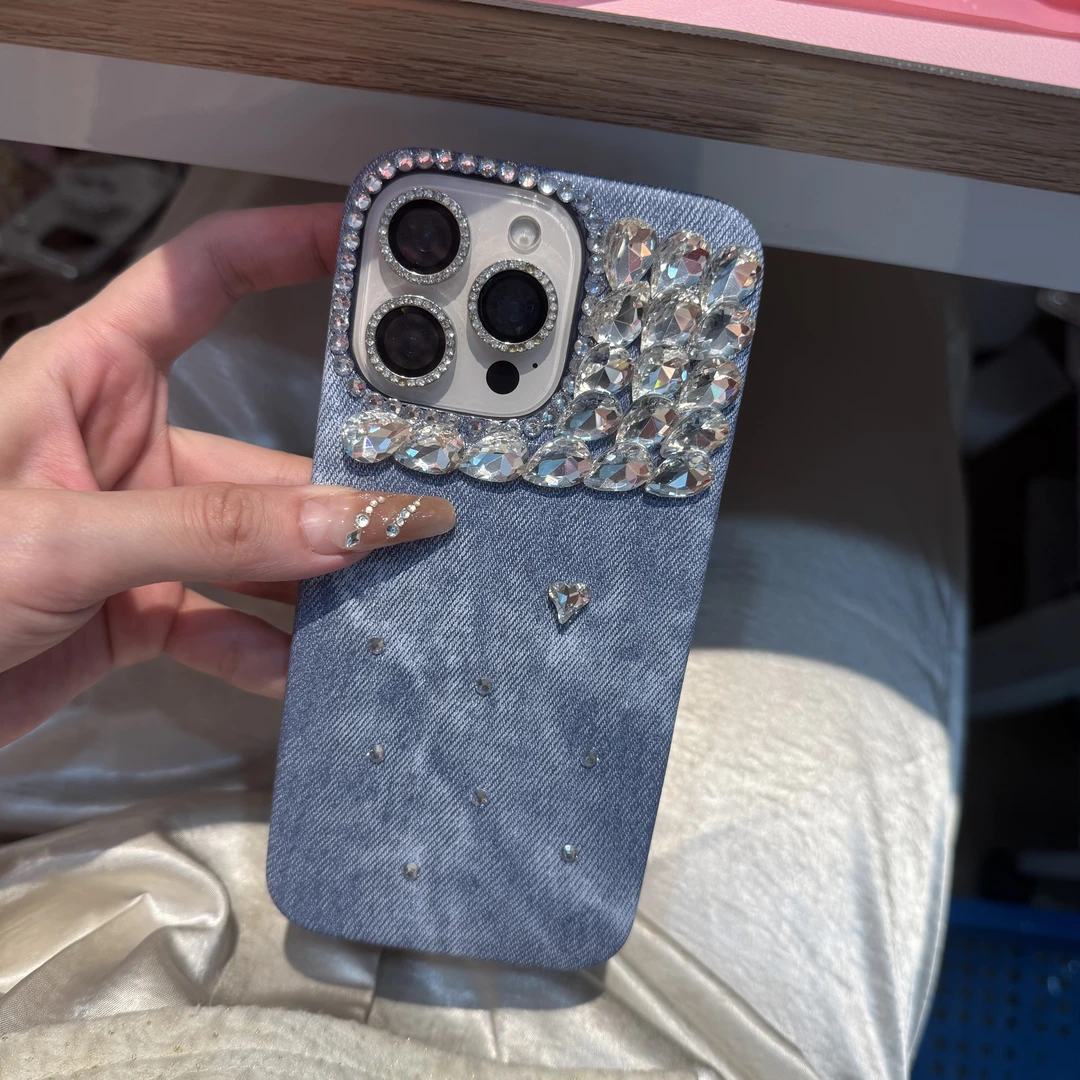 原创手作个性牛仔堆堆钻适用于iPhone15三包16pro防摔16promax壳