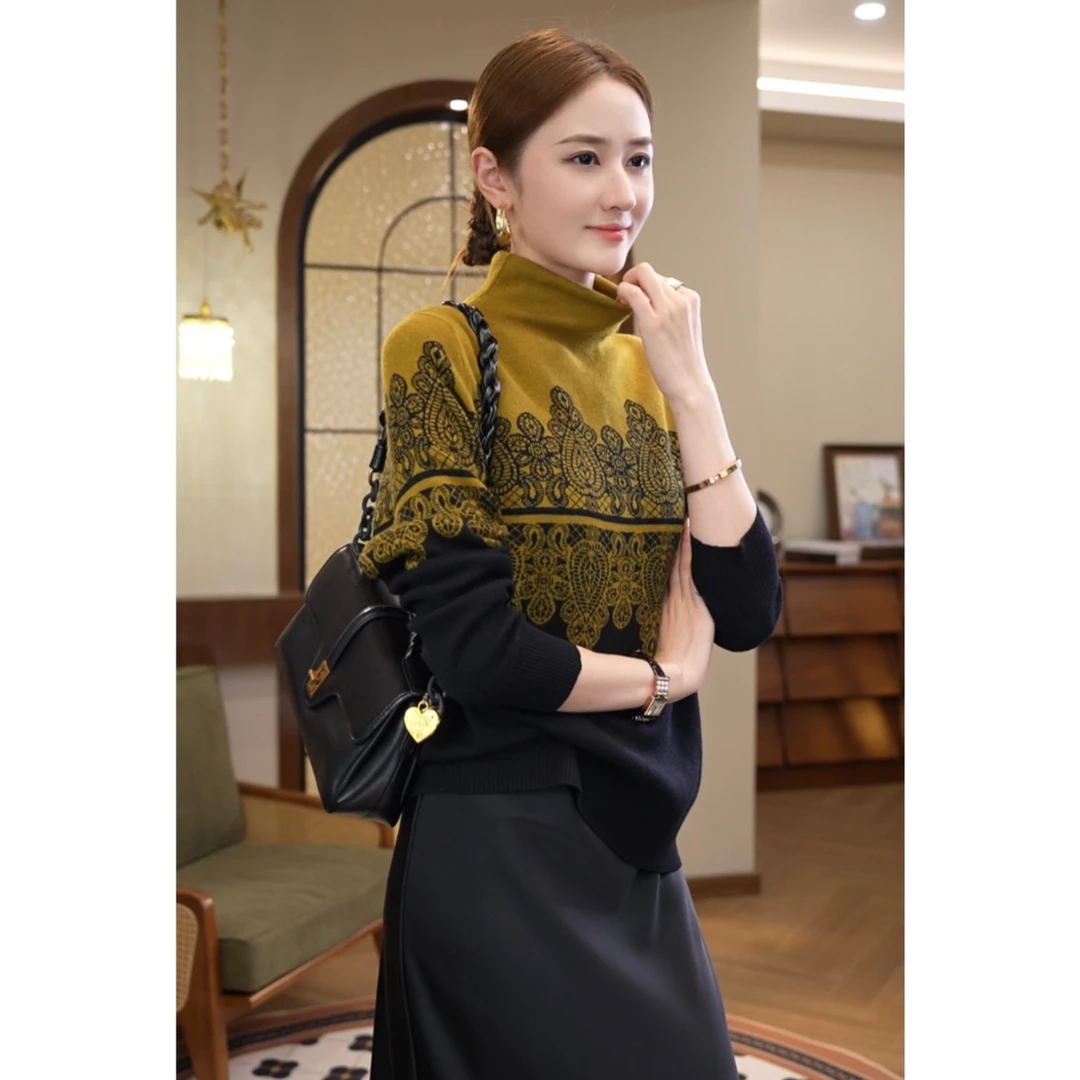 2025年秋冬新款【7875】含绵羊毛立领套头黄色打底外穿针织衫上衣女