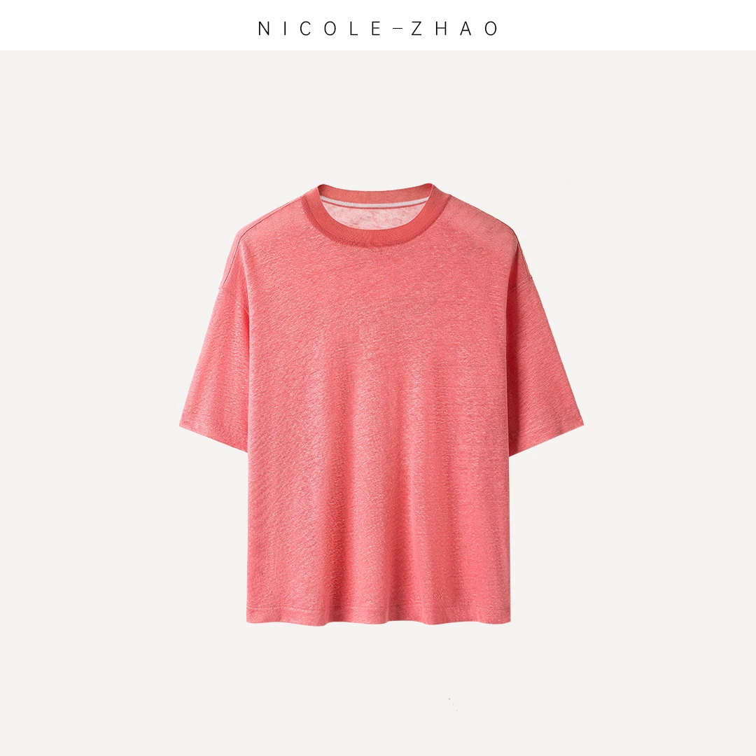 3MK597 【贵姐NICOLE】进口麻料时尚休闲百搭纯色圆领简约短袖t恤