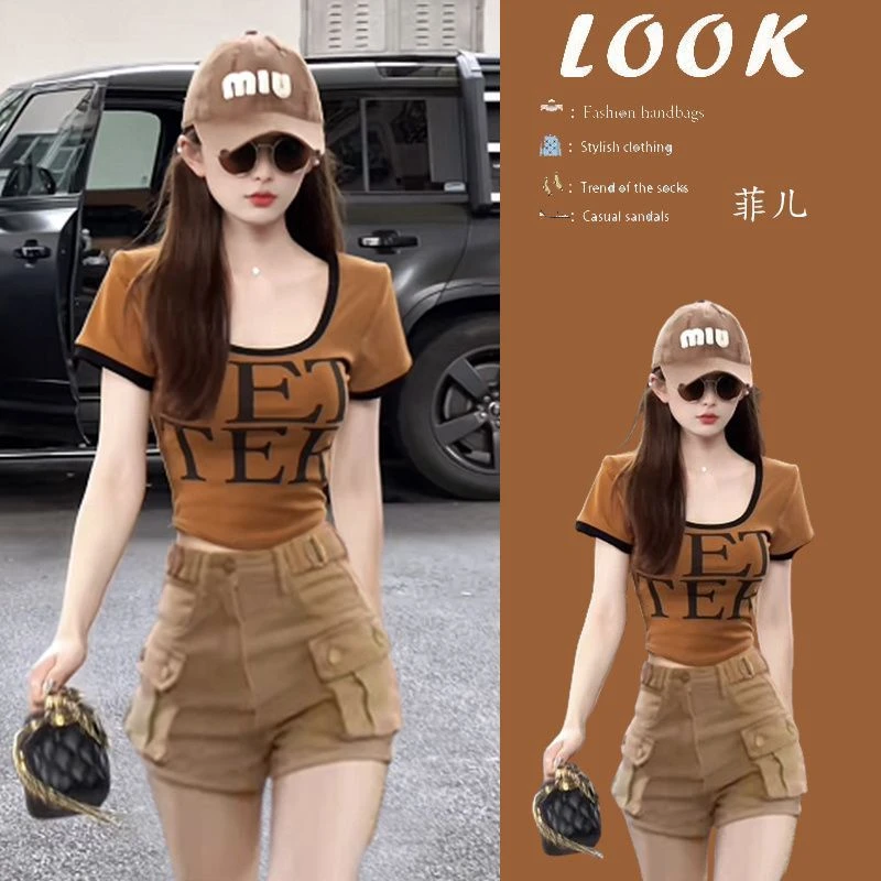 大码女装夏季套装女2025新款方领印花短袖美式工装牛仔短裤两件套