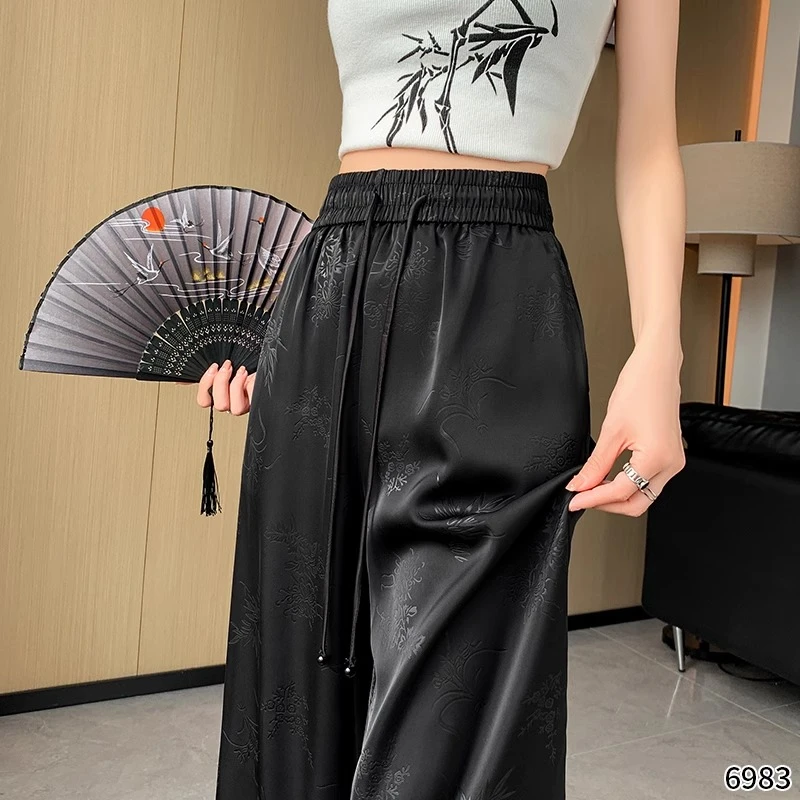 300斤大码新中式缎面提花阔腿裤女夏季高腰宽松休闲垂感直筒裤子