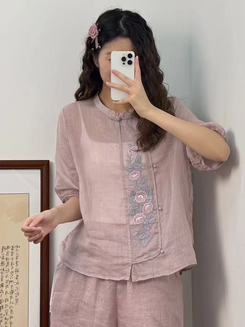30238 新中式夏季苎麻国风刺绣斜襟圆领上衣衬衫