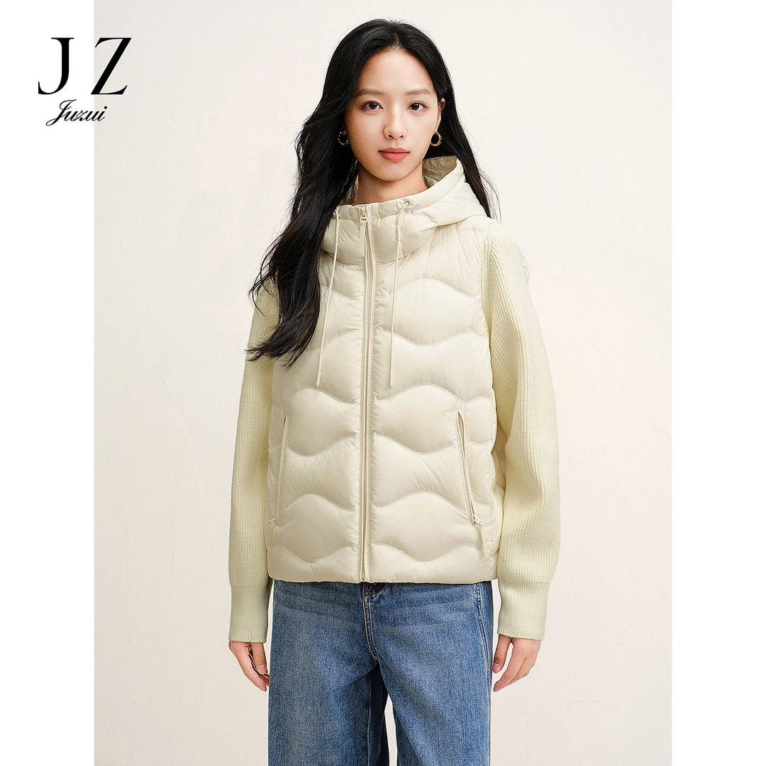 JUZUI玖姿JTFD03317针织拼接轻暖连帽短款鸭绒羽绒女2025冬季新款