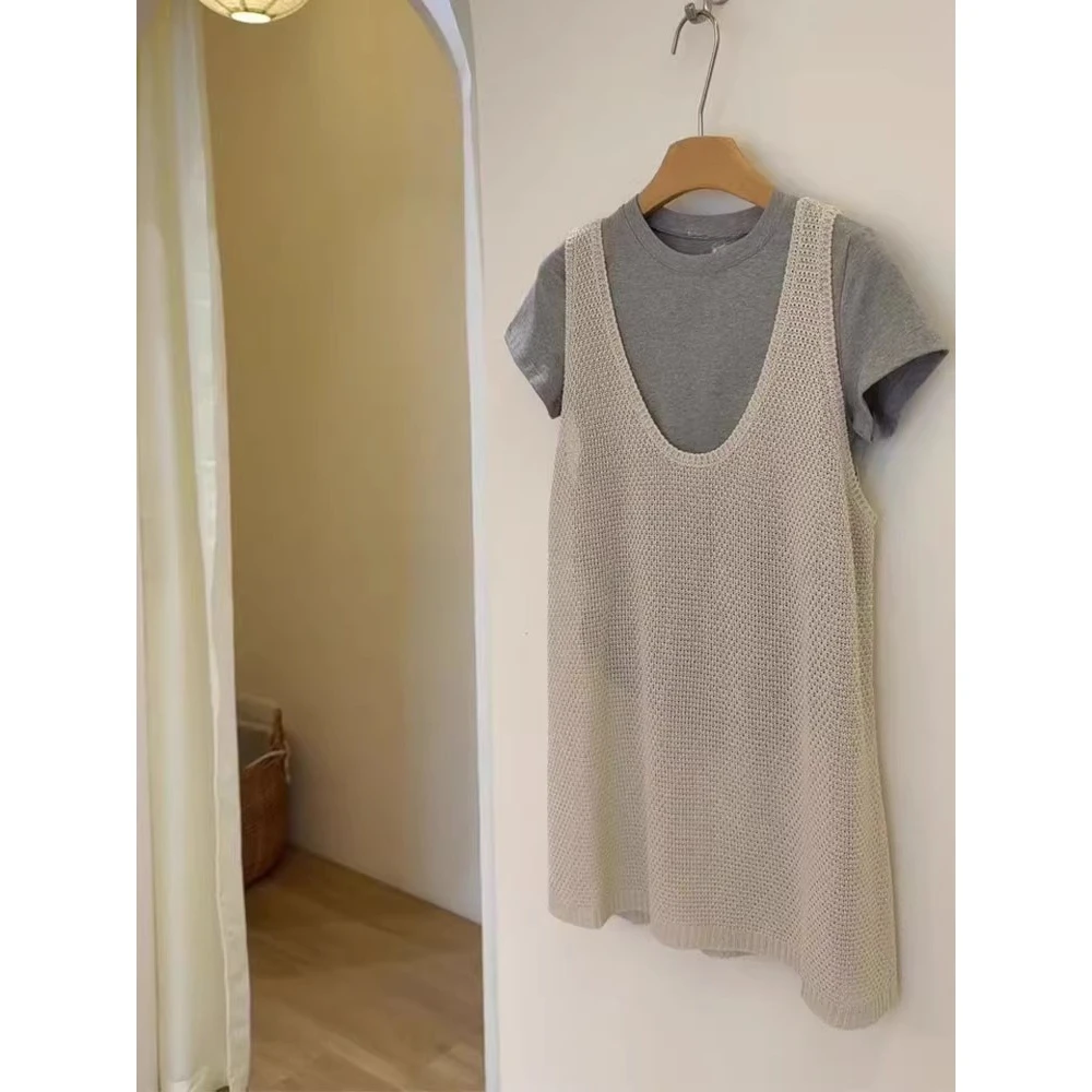 实物好美！韩版简约灰色圆领短袖T恤镂空背心2025年夏季气质两件套