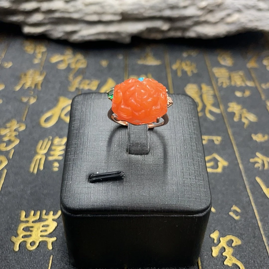 BY0624FWJS标034 北玉精选 南红牡丹戒指