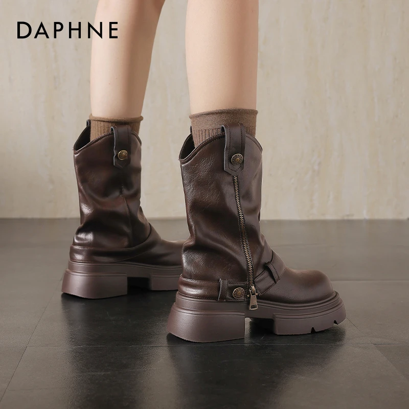 达芙妮美拉德短靴女2025新款秋冬棕色厚底马丁靴拉链西部牛仔靴爆