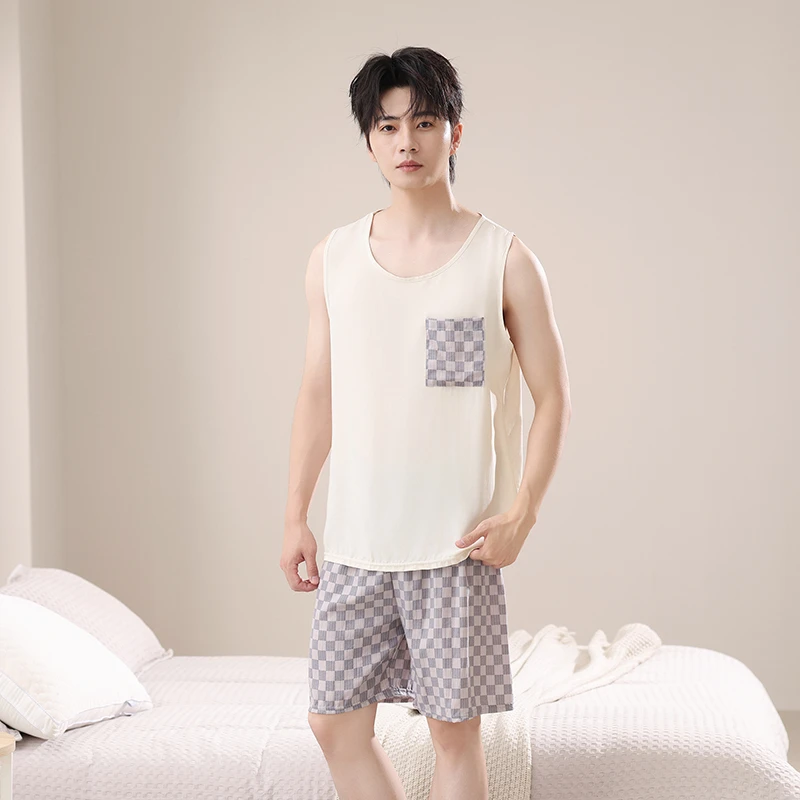 男士绵绸无袖短裤套装人造棉家居服透气吸汗2025新款LCF C12