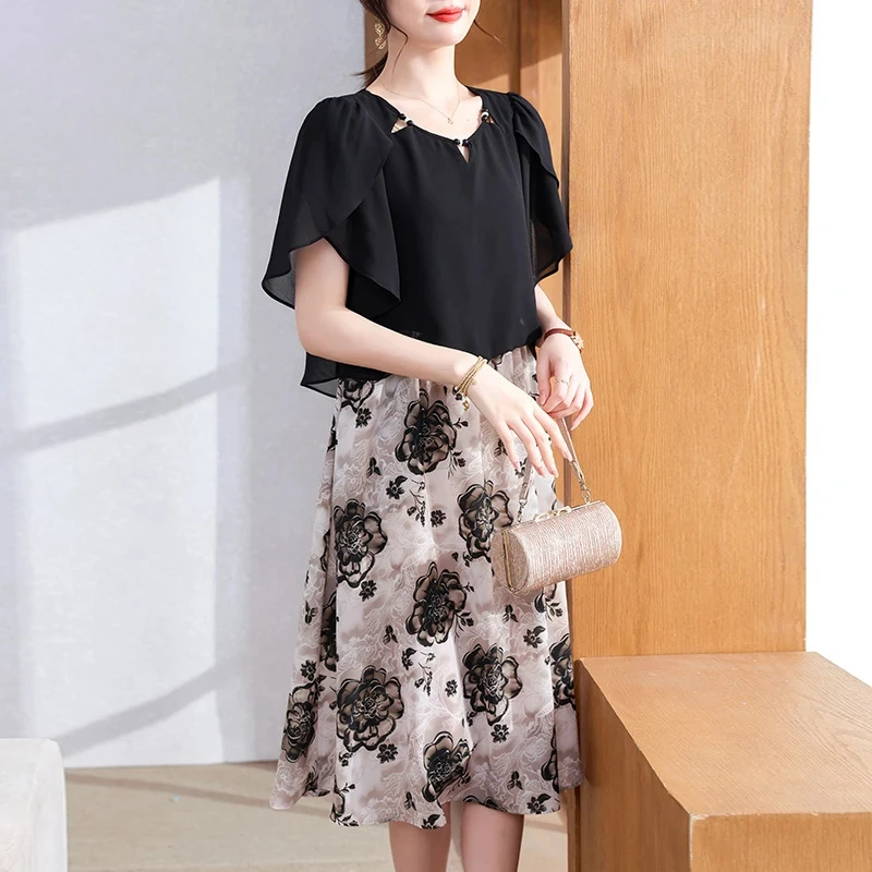 妈妈装40-50岁洋气时髦新款高档连衣裙夏季短袖中年女士新款裙子