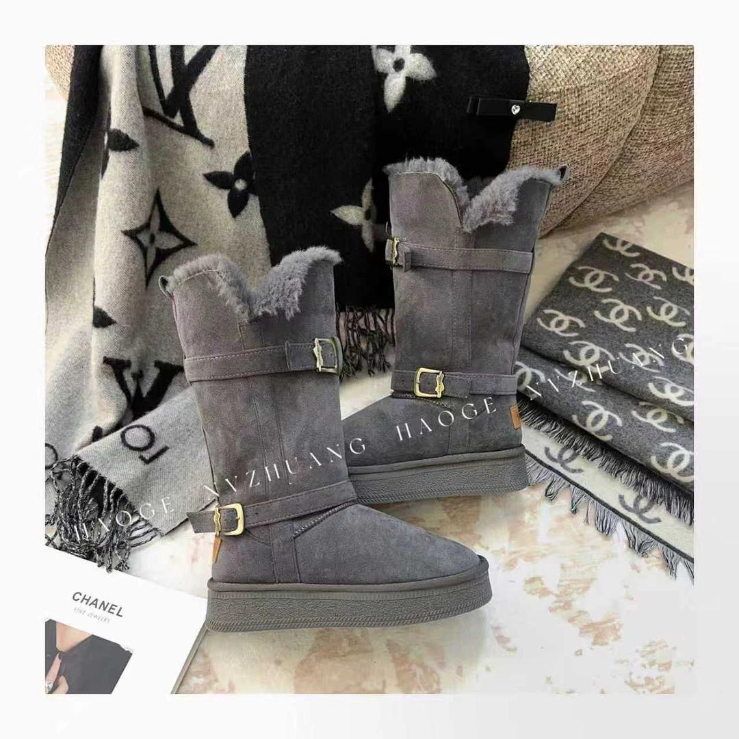 厚底灰色雪地靴女2025冬季新款长款加绒加厚保暖棉靴1377