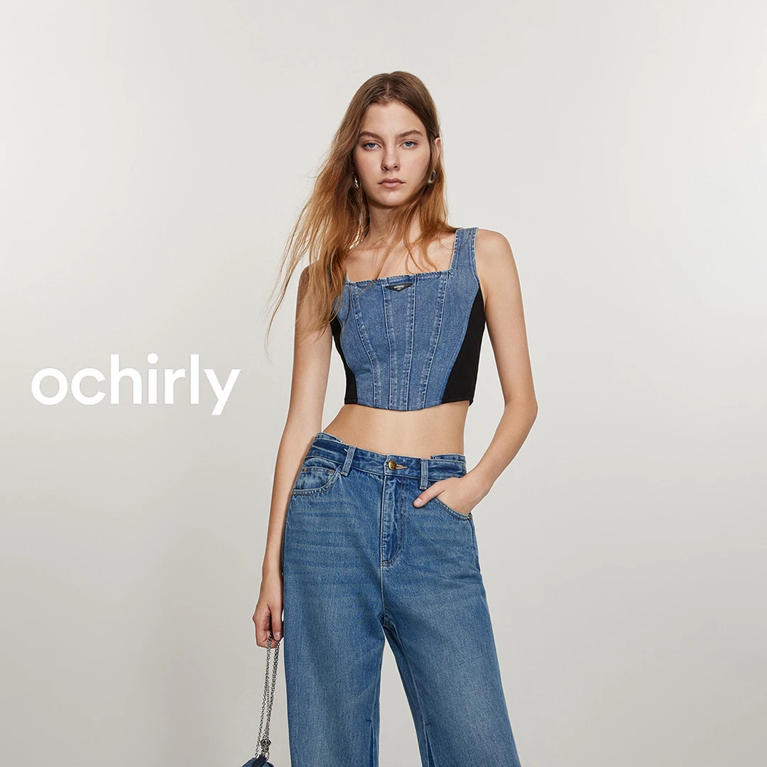 OCHIRLY欧时力短款牛仔背心女新款早春内搭外穿上衣设计感