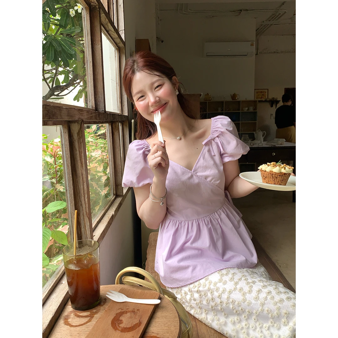 火火火【丁香奶芋】韩系紫色系带v领衬衫上衣C35628HH52