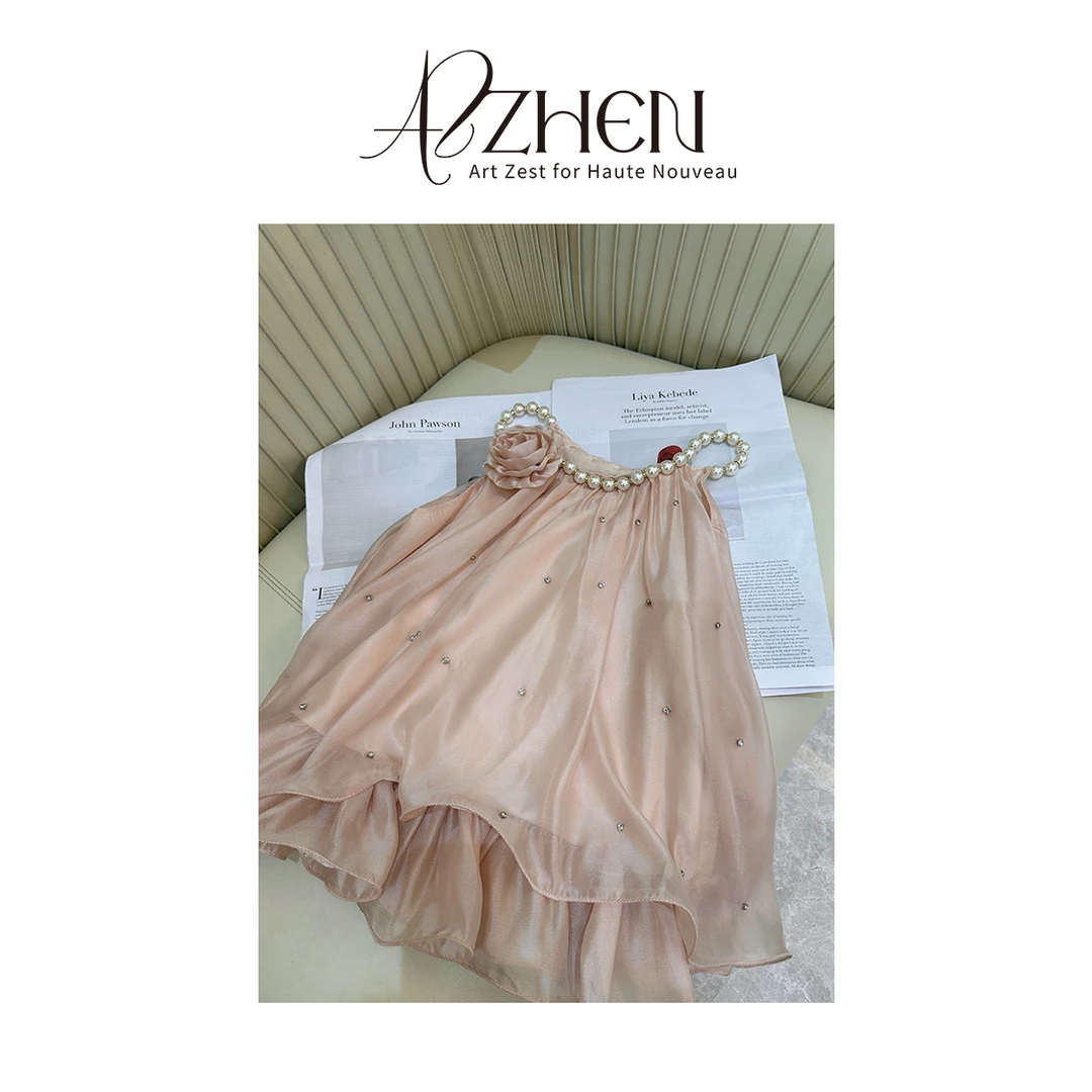 AZZHEN【甜系女主】珍珠挂脖无袖吊带夏季2025洋气上衣AZ4KST16-00