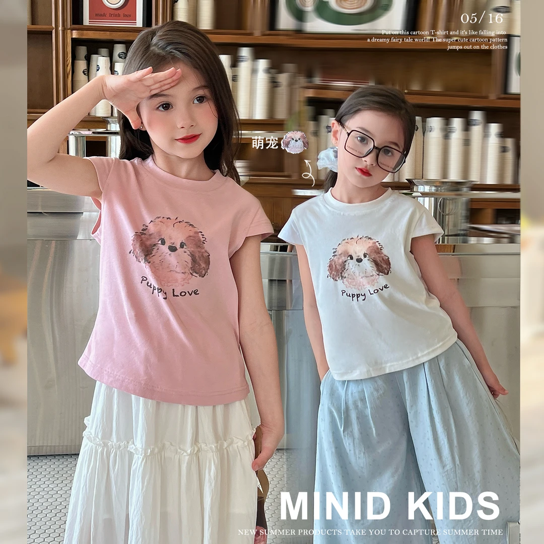 mini旦童装女童短袖T恤夏装新款儿童可爱百搭卡通印花半袖上衣潮