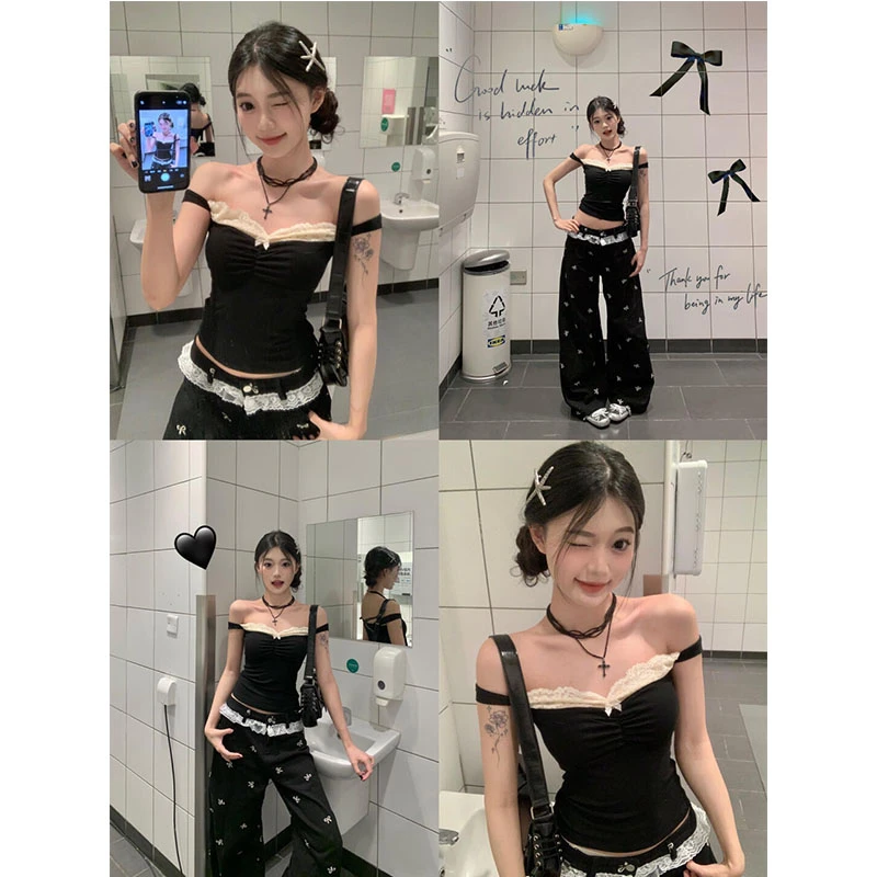 夏季一字肩蕾丝黑色吊带背心外穿辣妹无袖上衣休闲裤宽松阔腿裤子