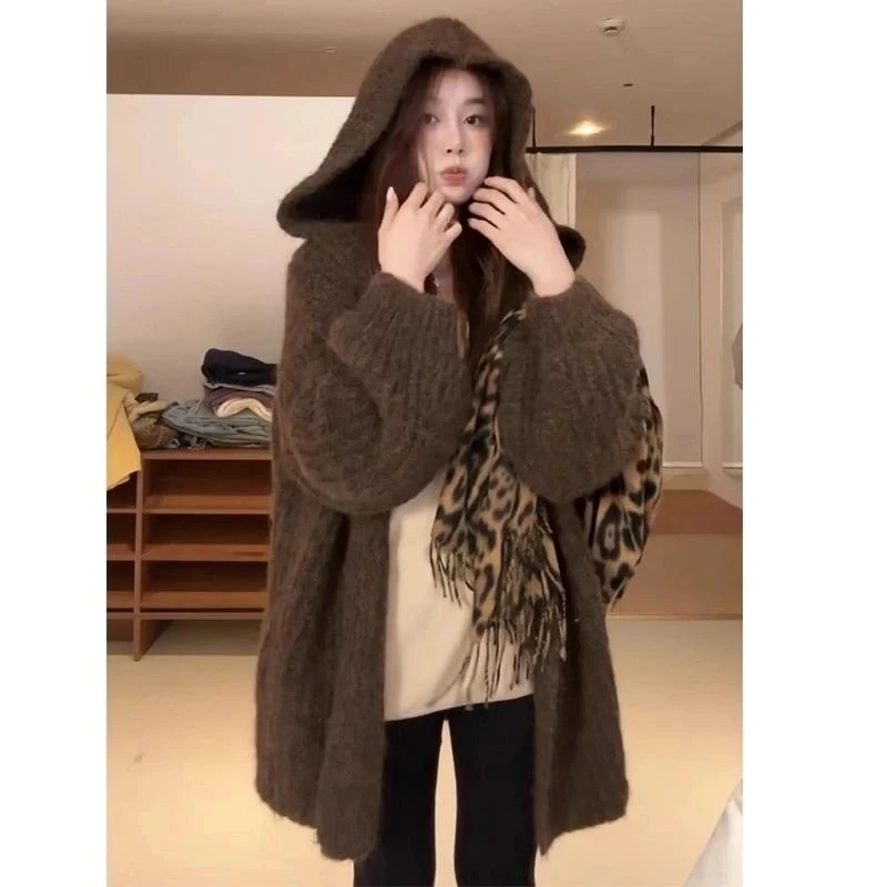 软糯连帽毛衣外套女2025秋冬韩系宽松中长款针织外搭开衫厚慵懒感