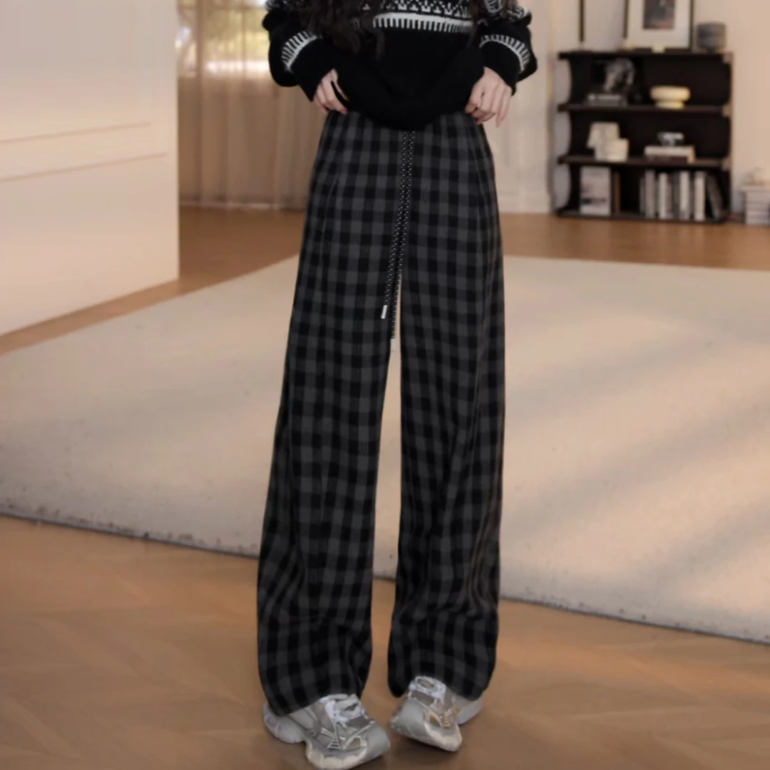 【YANYAN】加绒抽绳格子休闲裤女秋冬新款高腰百搭长裤YY-5662