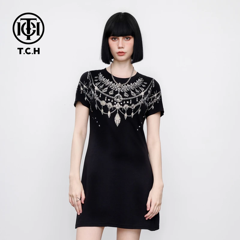 TCH轻奢重工烫钻时尚修身显瘦黑色收腰连衣裙女T75B306073