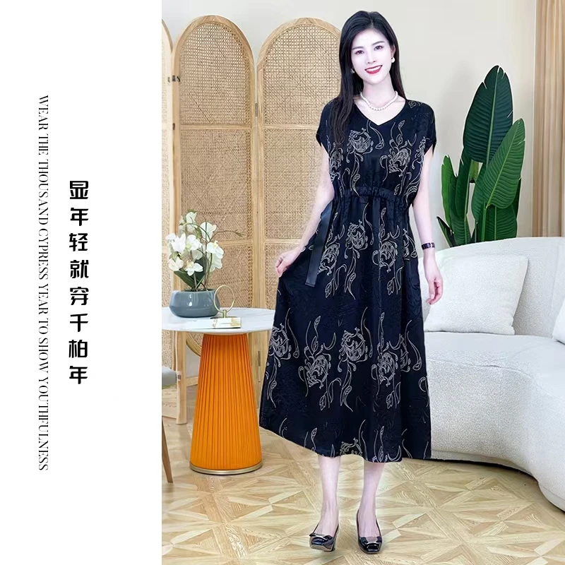 千柏年【源于艺术】优雅手绘线条印花收腰气质连衣裙C2776