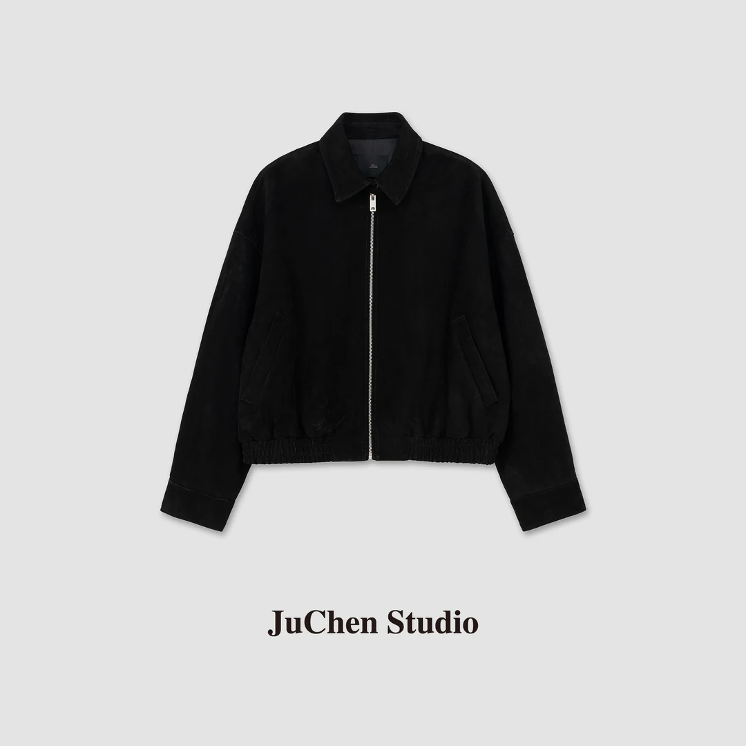 黑标线R0W风老钱空运小羊皮线条感廓形翻领皮衣外套 FW115001-179