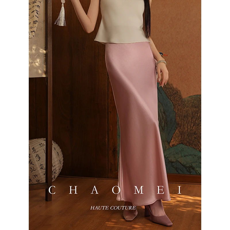 冯（CHAOMEI【粉流光曲线】粉色醋酸半裙轻奢开叉长款TG024124