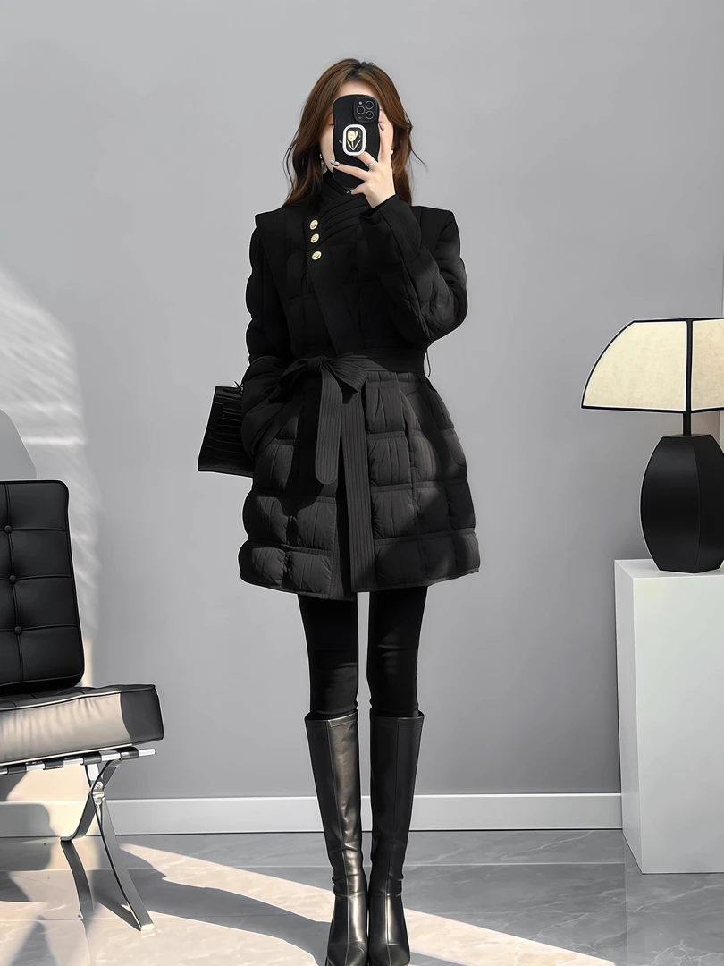 秋冬高级感黑色小香风中长款收腰棉服女款2025新款超好看保暖外套