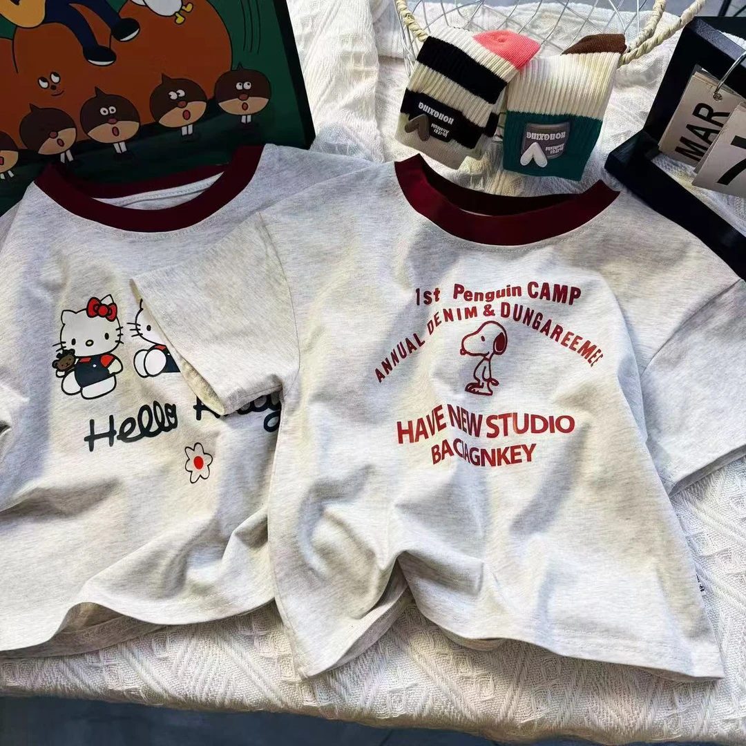 【百百棉】夏季新款灰色百搭撞色印花短袖时尚圆领休闲T