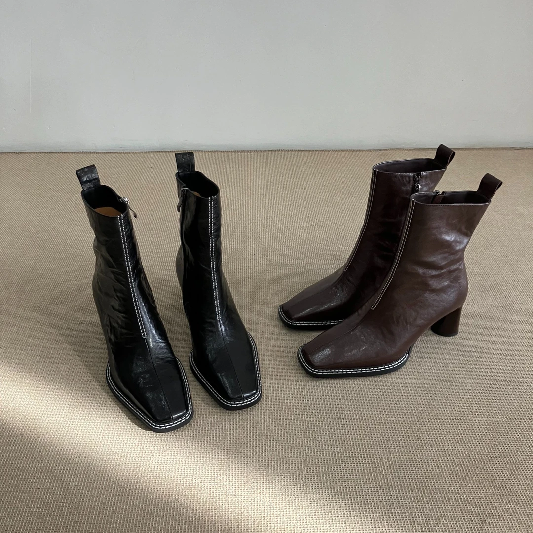 法式复古风秋季新款时尚百搭马丁靴粗高跟气质尖头瘦瘦靴粗跟秋冬