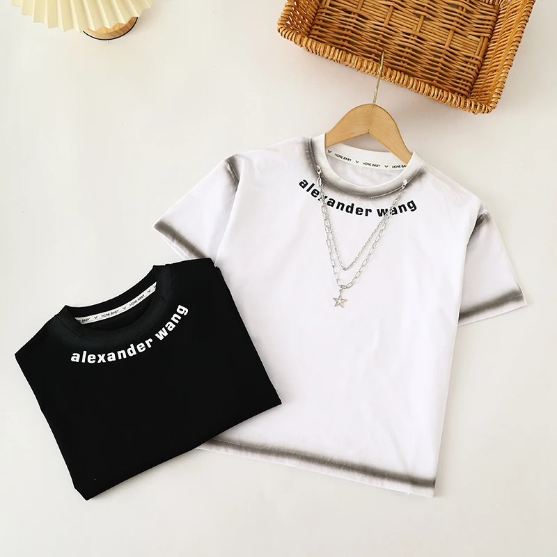 新款字母美式休闲宽松白色短袖T恤男童夏季时尚个性百搭品质潮衣