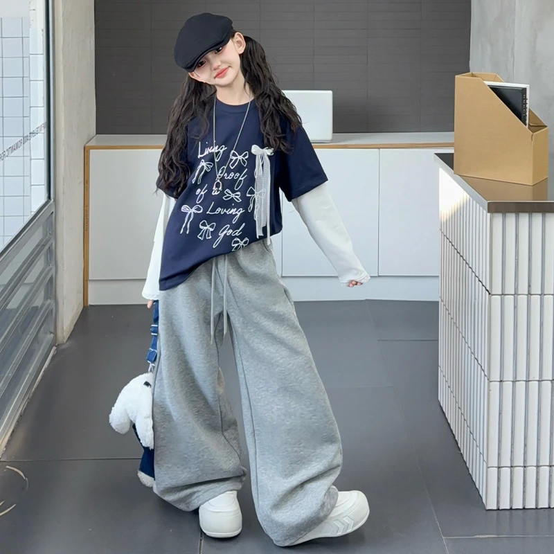 2025秋款新品女童卫裤套装韩版假两件印花蝴蝶结百搭上衣两件套