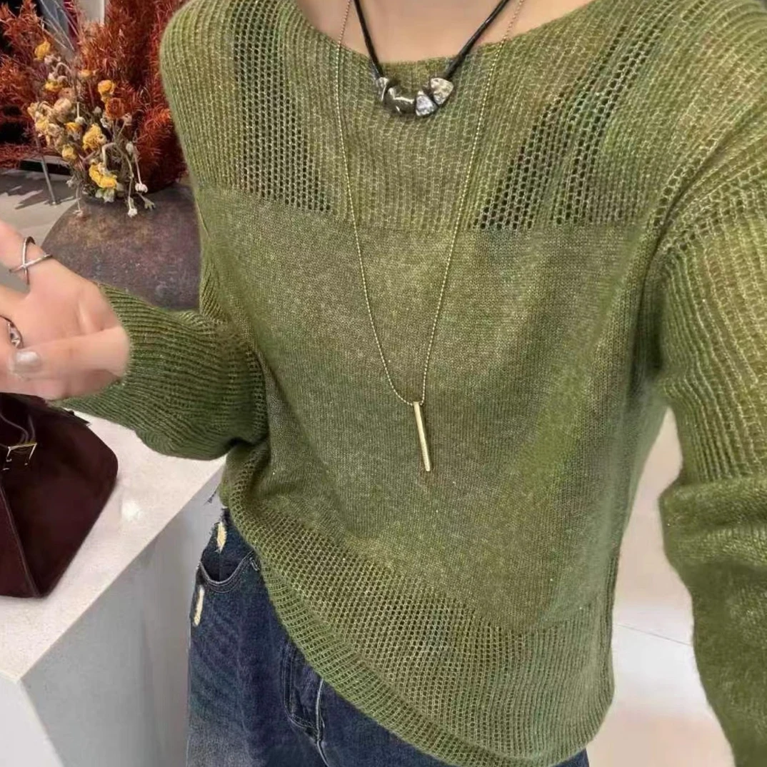 欧洲站2025早秋羊毛针织衫复古落肩镂空打底宽松毛衣