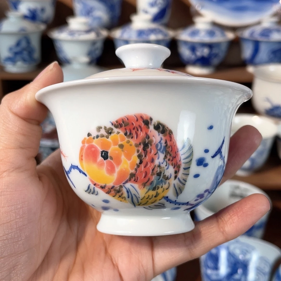 泥藝瓷梦兰寿金鱼盖碗