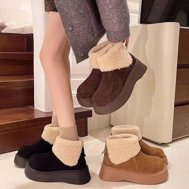 【冬季清仓】圆头时尚雪地靴勃肯鞋增高雪地靴筒靴厚底加厚冬季短筒