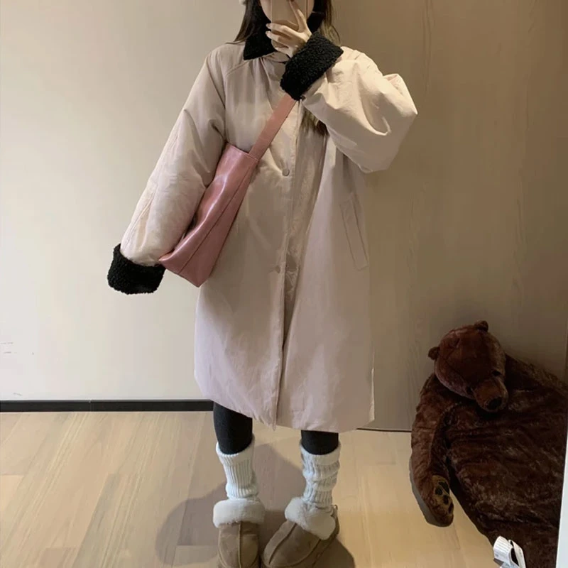 设计感时髦撞色夹棉外套女士2025冬季新款少女感翻领宽松保暖棉服