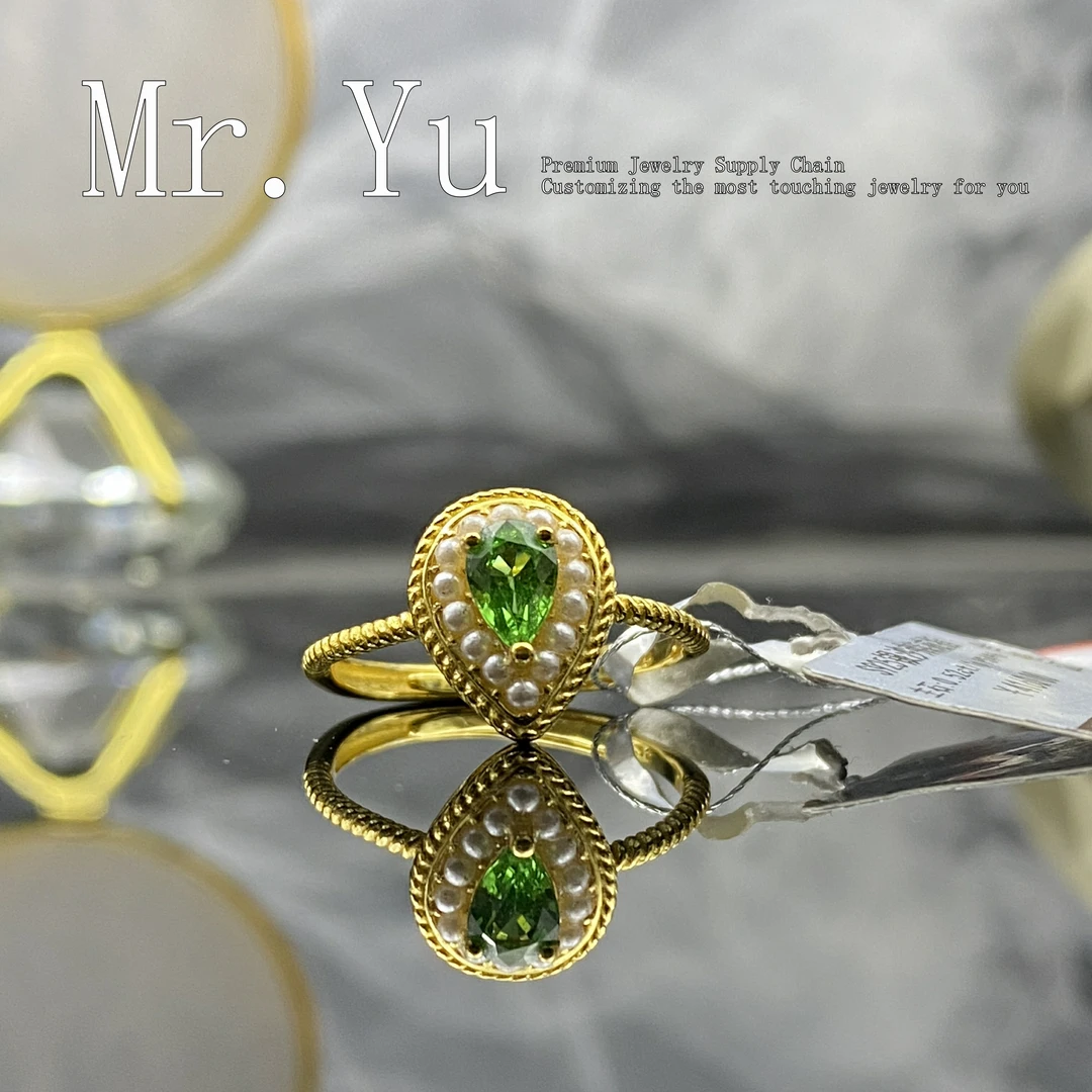 天然沙弗莱戒指绿色气质轻奢时尚水滴精美珍珠围镶lsf3
