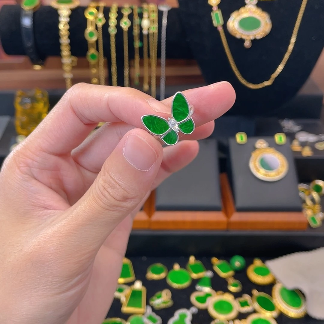 翡翠银S925镀金镶嵌戒指