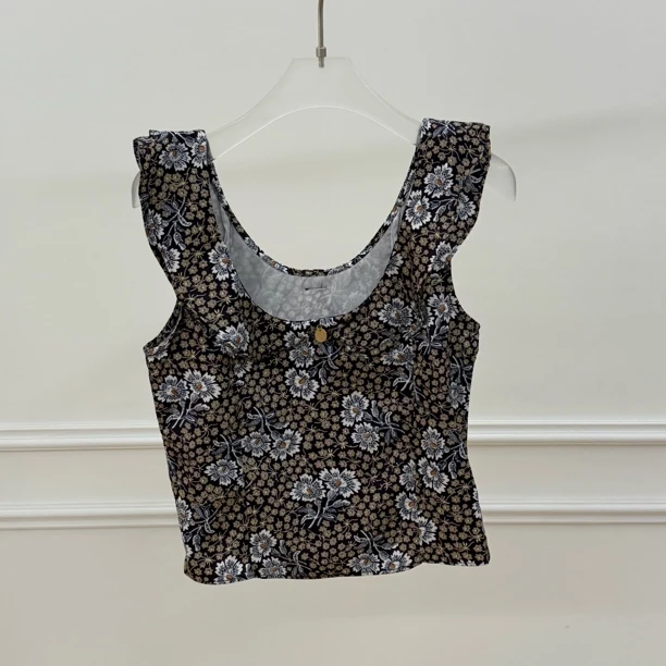 春夏新款花卉荷叶边设计U领薄款无袖吊带背心