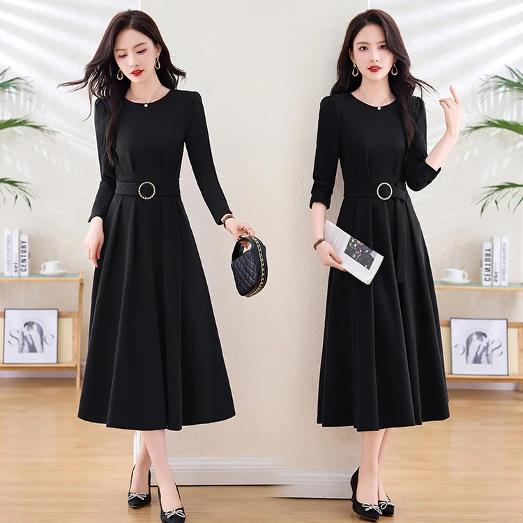硕恩连衣裙显瘦气质长袖黑色洋气修身女装裙子秋冬长裙时尚中长