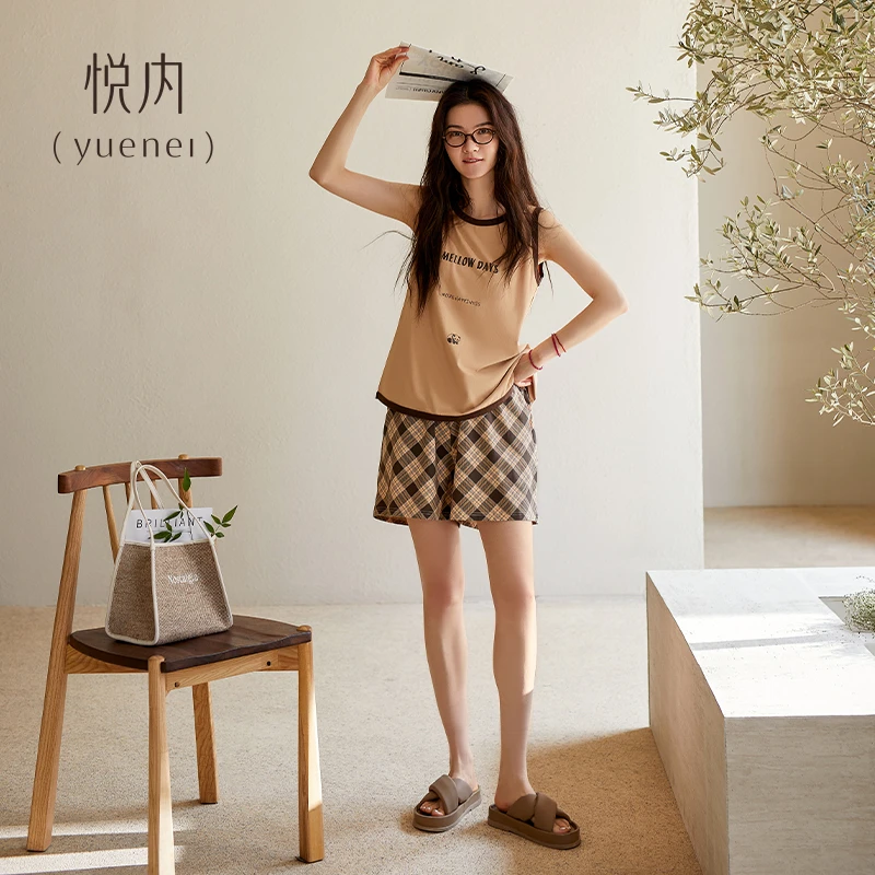 悦内带胸垫一体睡衣女夏季夏天纯棉无袖背心短裤家居服时尚可外穿