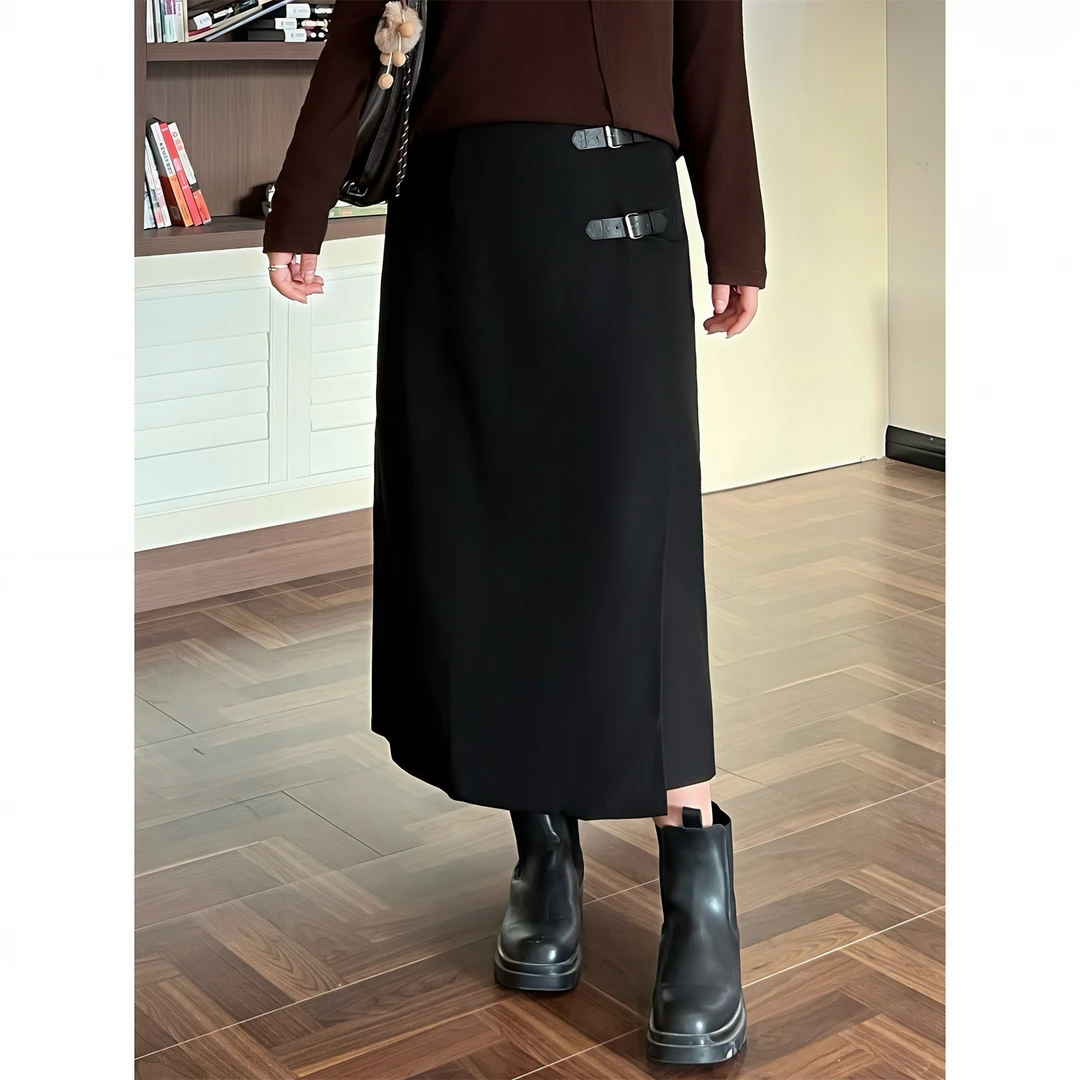 花契"老钱美学"大码女装秋冬显瘦200斤胖mm皮袢呢半身裙15505-F