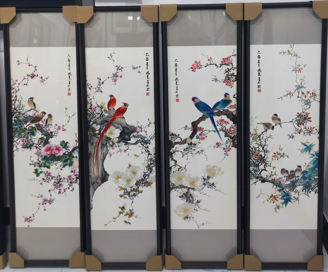 精品手工苏绣四联花鸟装饰画（单副外框尺寸33x113cm）