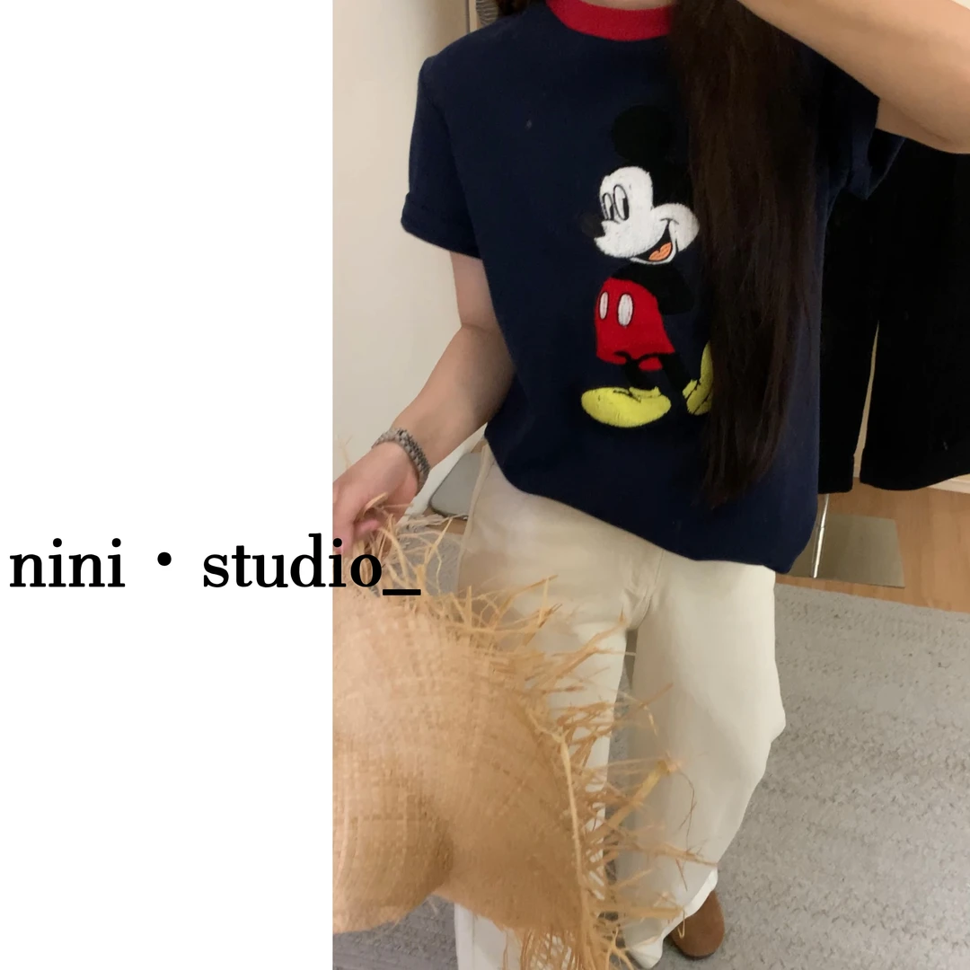 nini·刺绣米奇韩系重工磨毛短袖T恤