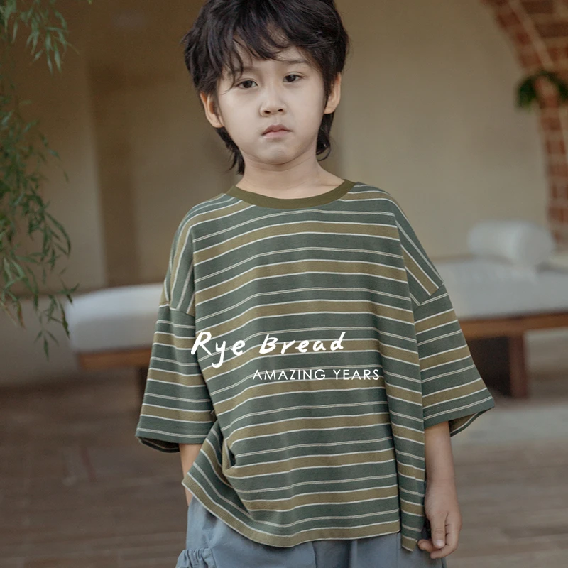 ryebread/黑面包童装 韩系撞色条纹男中大童圆领短袖T恤4夏