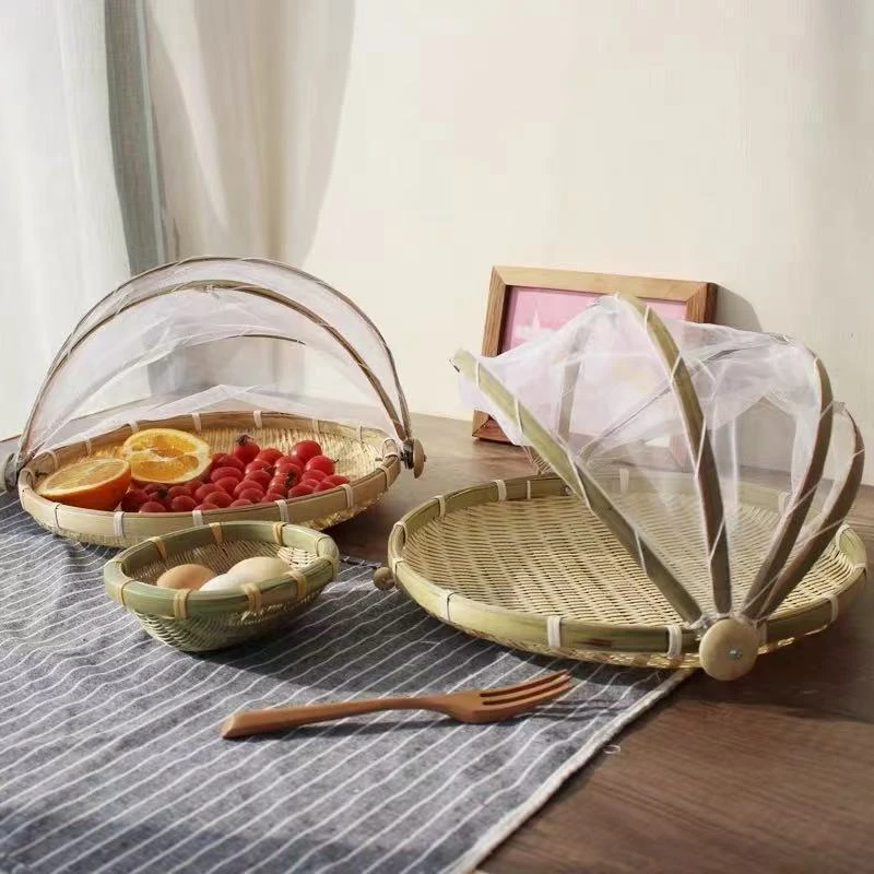 竹编防虫收纳筐家用食品晾晒筛子手工编制簸箕防蝇纱网罩竹篮0000