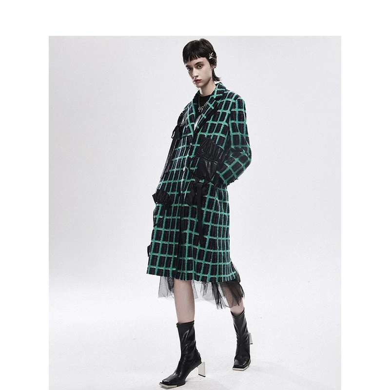 【裂帛】LIEBOFeng复古绿色棋盘格毛呢外套7322463002大衣