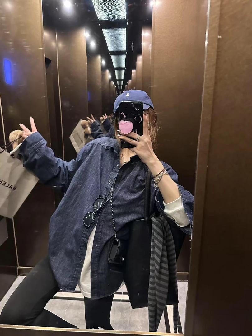 2025春季新款韩系简约时尚牛仔衬衫灰色短袖t恤黑色紧身裤子套装