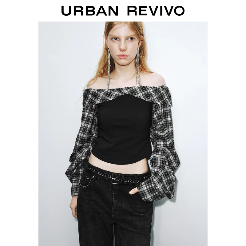 【HOT】UR2025秋季新款女格纹钻饰一字领修身罩衫衬衫UWJ250066