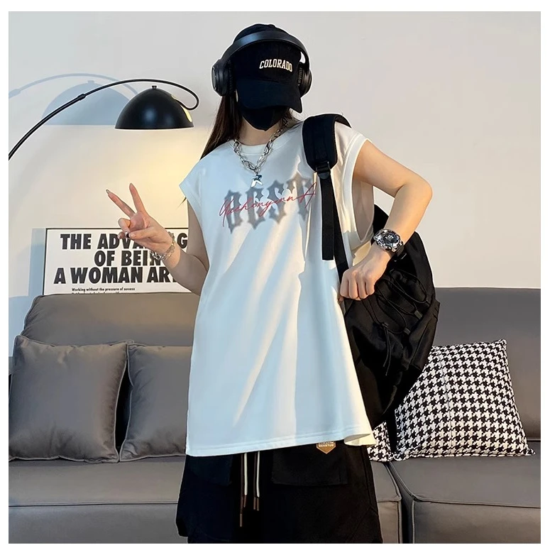 凯颂300斤特大码美式高街仿麂皮绒背心男女夏季宽松圆领无袖t恤