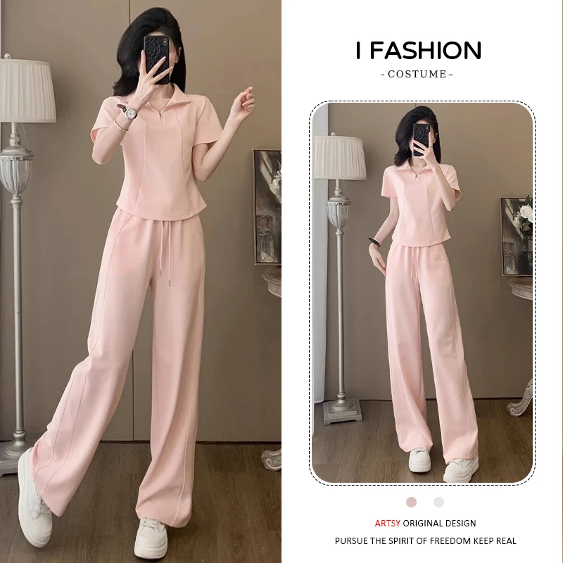 高含棉设计感纯色套装女2025年夏季新款韩版休闲短袖阔腿裤两件套